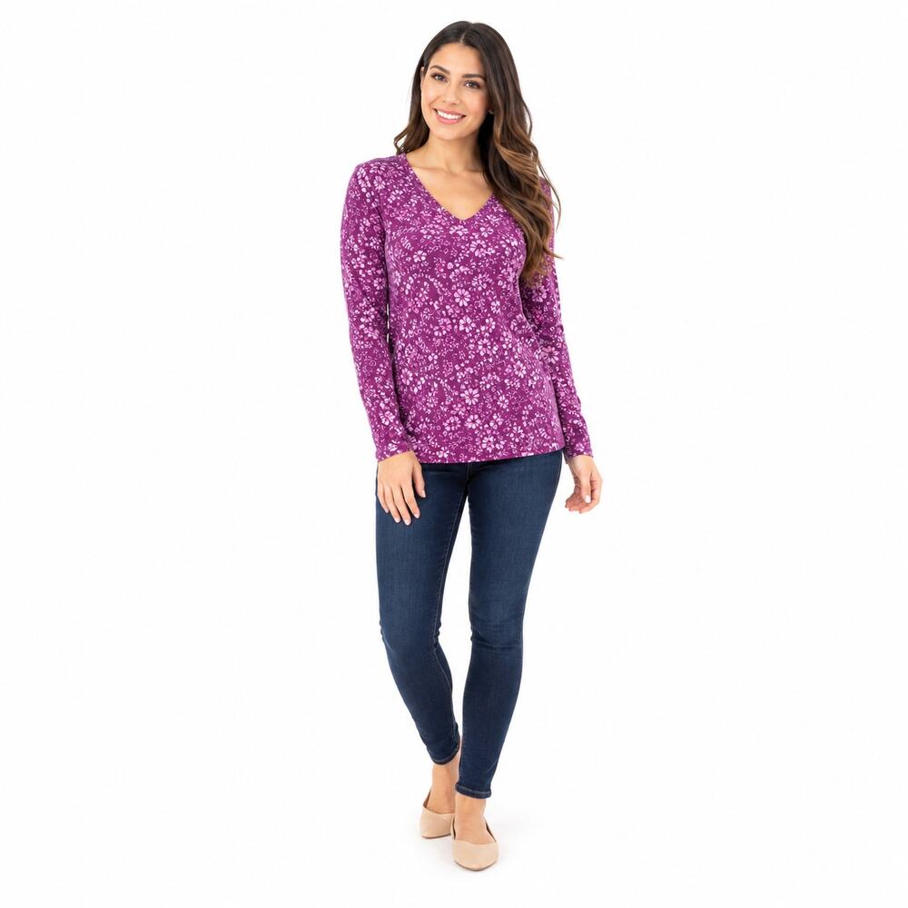 Isaac Mizrahi Live! Women’s Floral V-Neck Top Size Small Deep Purple Long Sleeve